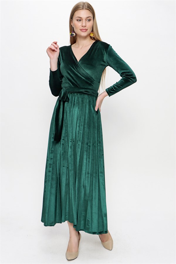 Kadın Zürüt Yeşil Kemerli Uzun Kadife Elbise