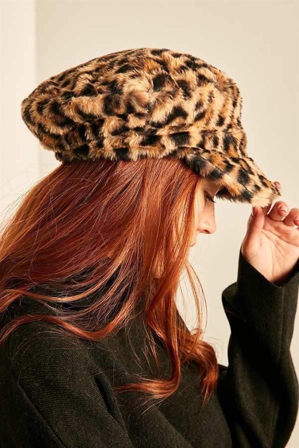 Kadın Leopar Peluş Kasket Şapka