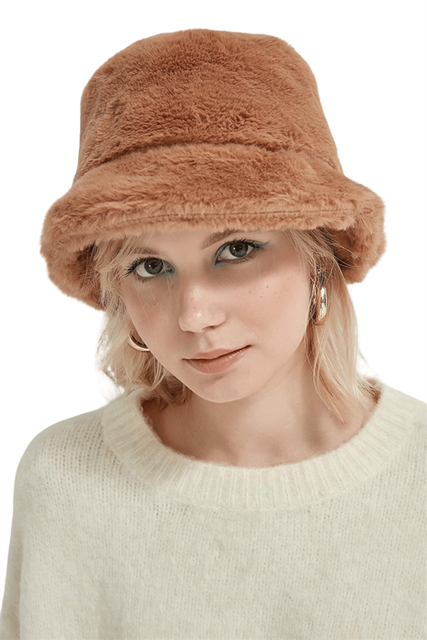 Kadın Camel Peluş Bucket Şapka