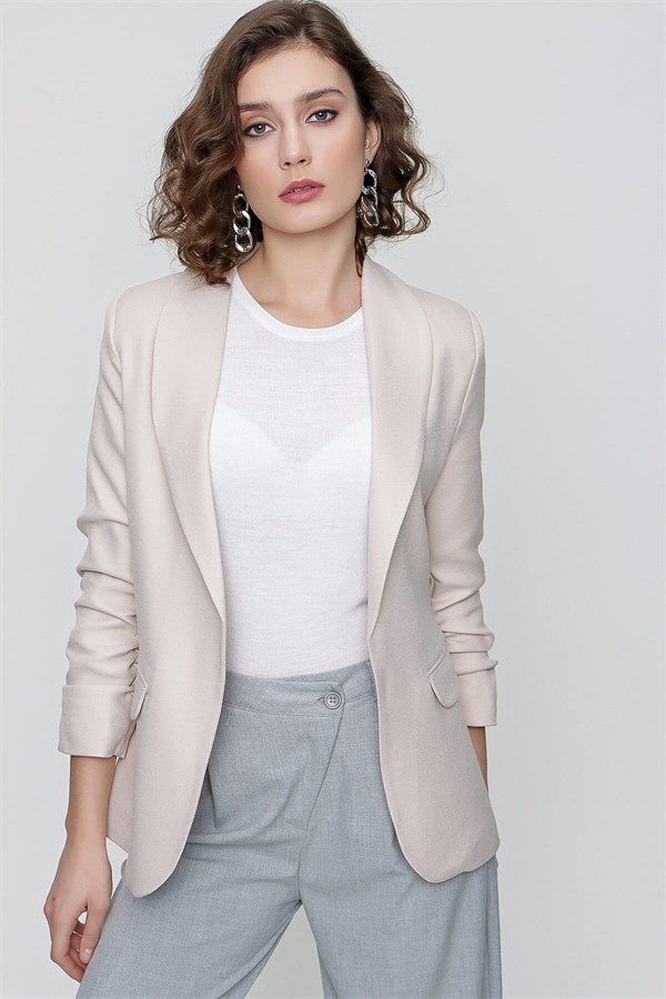 Kadın Taş Kol Büzgülü Yün Efekt Blazer Ceket