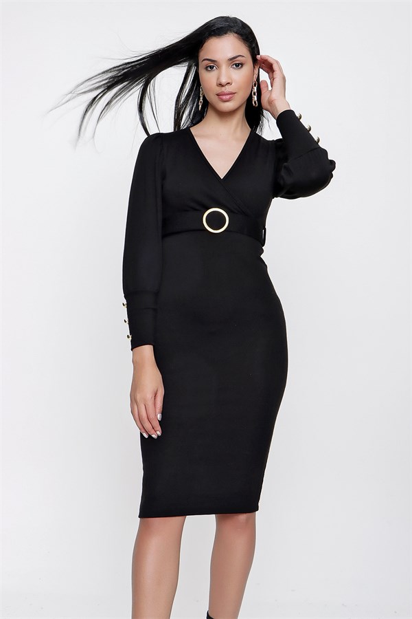 Kadın Siyah Kol Düğmeli Kruvaze Elbise