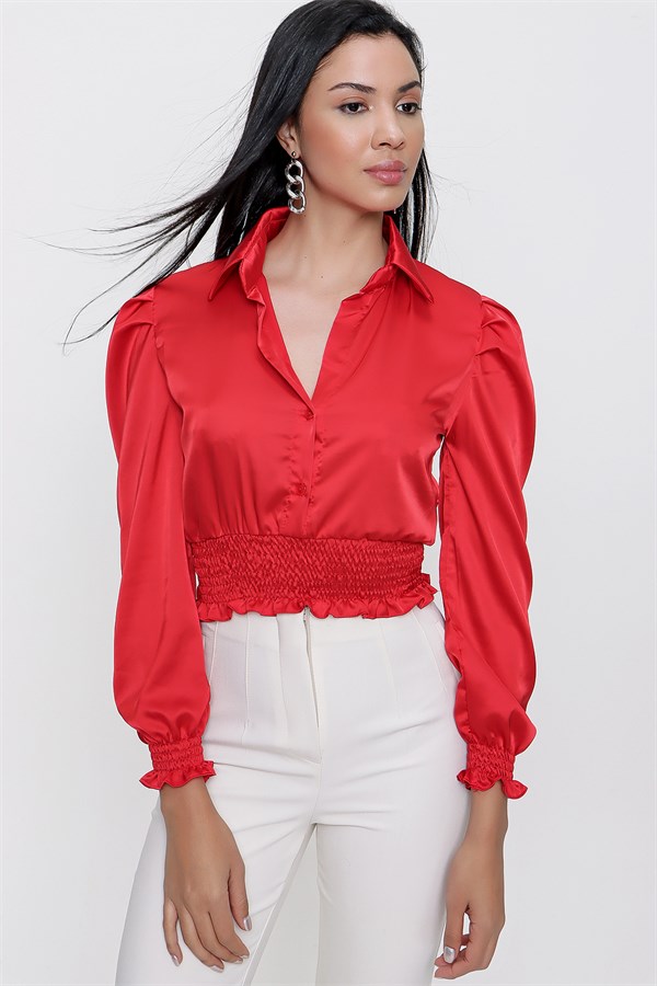 Kadın Kırmızı Gömlek Yaka Bluz