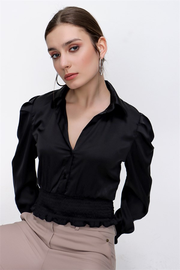 Kadın Siyah Gömlek Yaka Saten Bluz