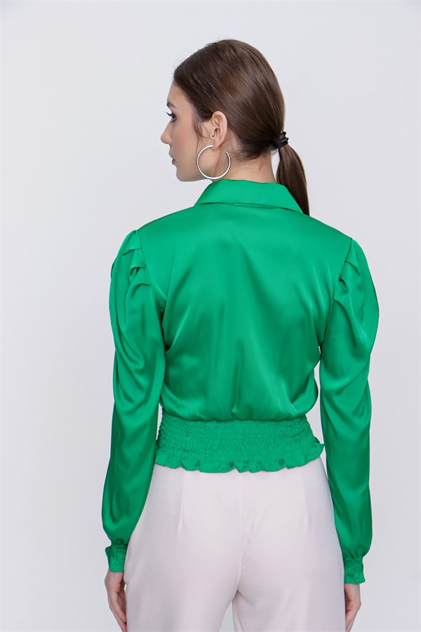Kadın Zümrüt Yeşil Gömlek Yaka Bluz