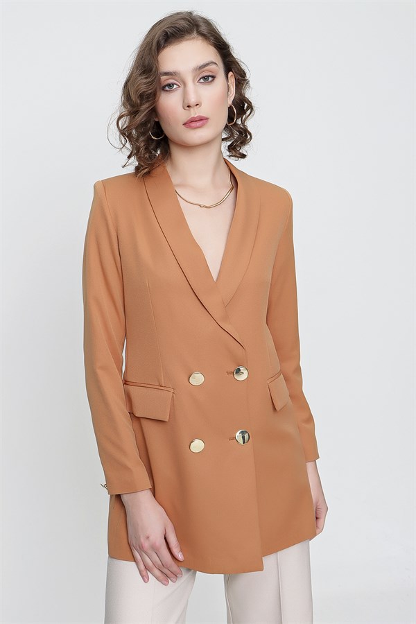 Kadın Karamel Uzun Düğmeli Blazer Ceket
