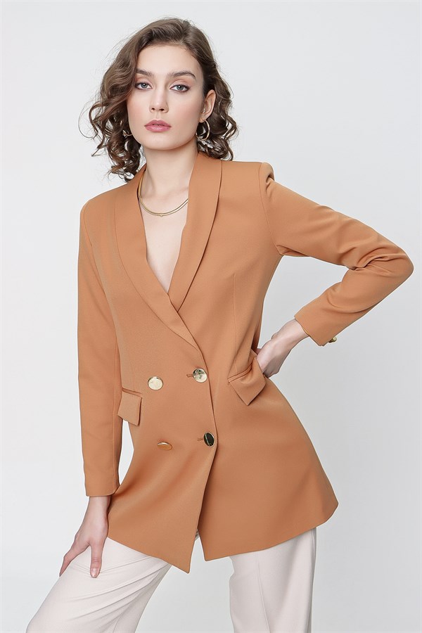 Kadın Karamel Uzun Düğmeli Blazer Ceket