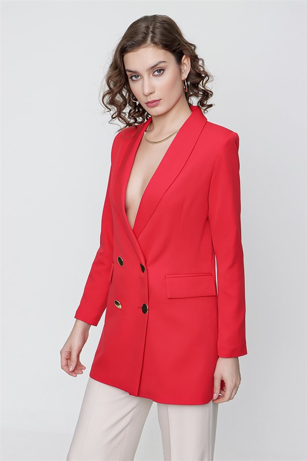 Kadın Kırmızı Uzun Düğmeli Blazer Ceket