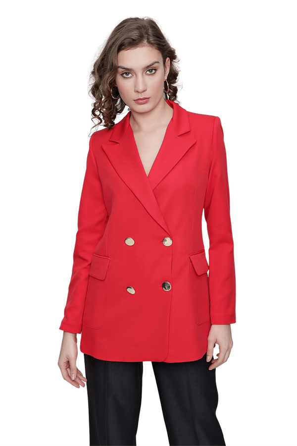 Kadın Kırmızı Cep Kapaklı Blazer Ceket