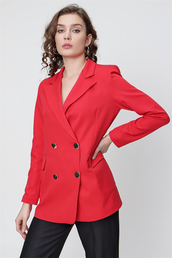 Kadın Kırmızı Cep Kapaklı Blazer Ceket