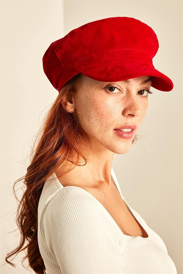 Kadın Kırmızı Suet Kasket Şapka
