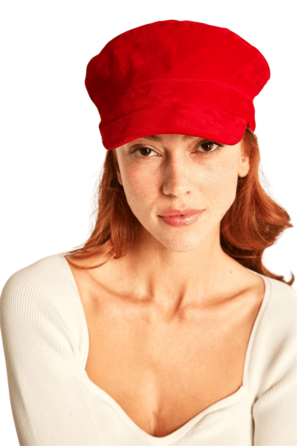 Kadın Kırmızı Suet Kasket Şapka