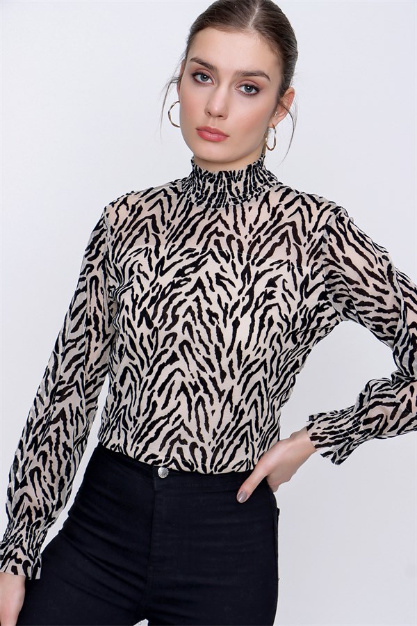 Kadın Siyah Zebra Desen Tül Bluz
