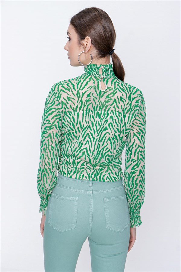 Kadın Yeşil Zebra Desen Tül Bluz