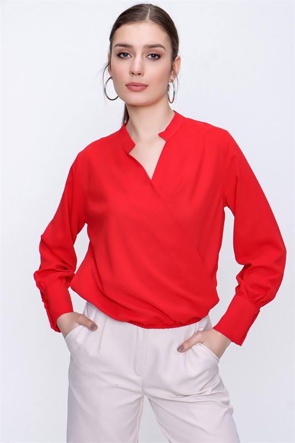 Kadın Kırmızı Kruvaze Yaka Bluz
