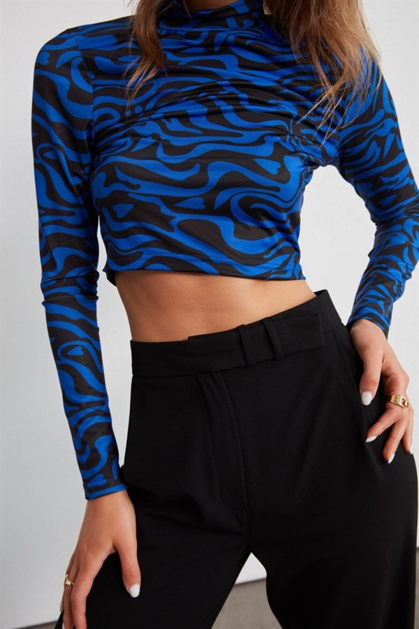 Kadın Gece Mavisi Zebra Desen Crop Bluz