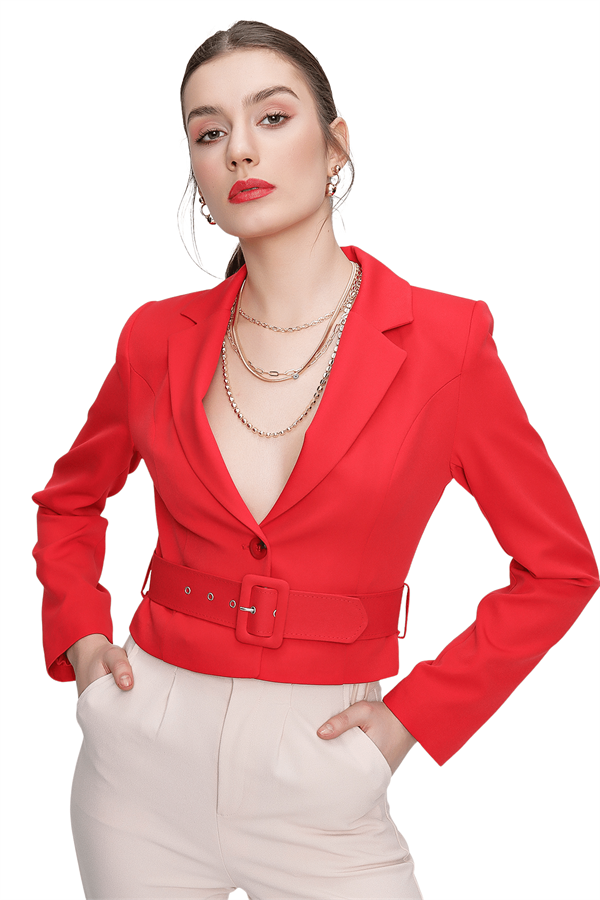 Kadın Kırmızı Kemerli Kısa Ceket