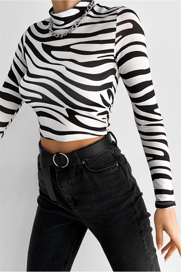Kadın Zebra Desen Crop Bluz