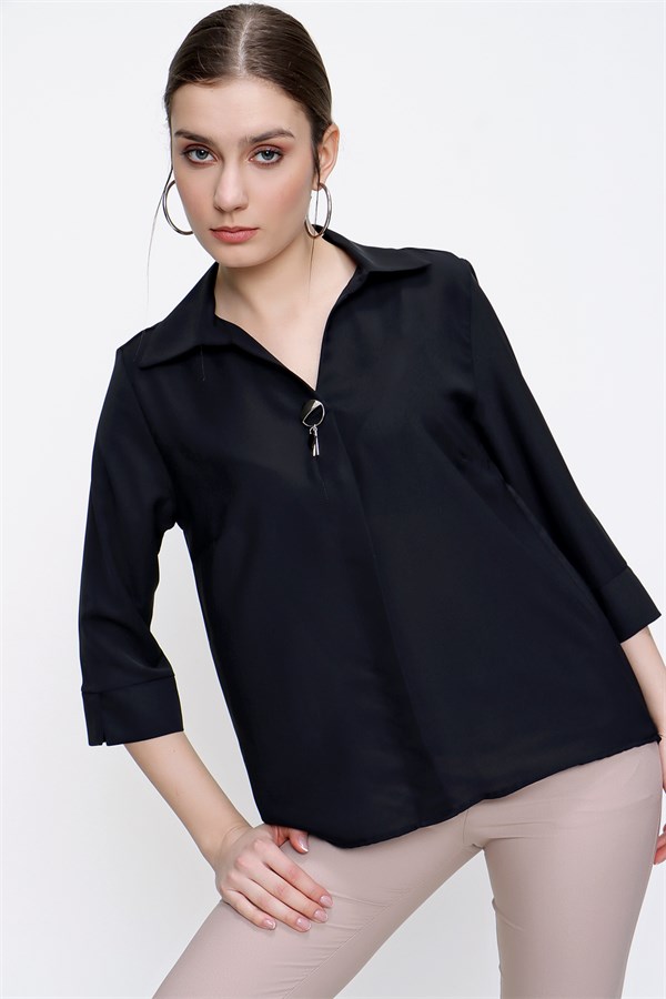 Kadın Siyah Gömlek Yaka Kapri Kol Şifon Bluz