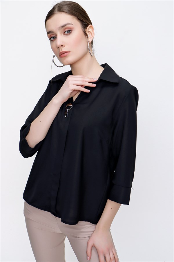 Kadın Siyah Gömlek Yaka Kapri Kol Şifon Bluz