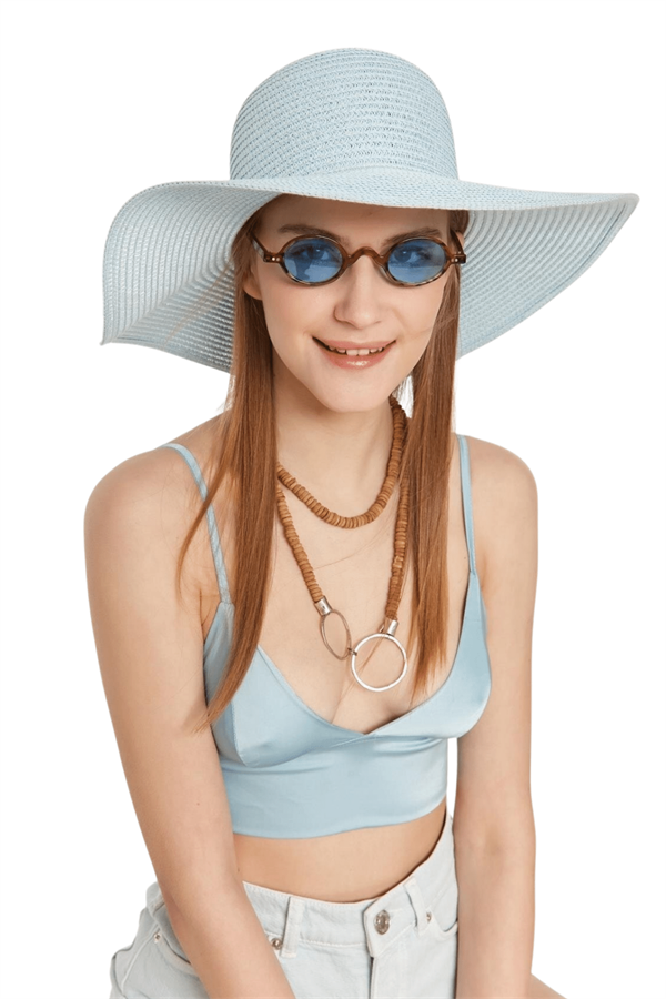 Kadın Bebe Mavi Geniş Hasır Plaj Şapkası