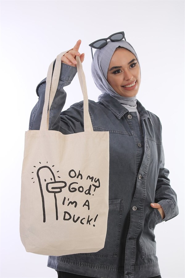 Kadın Bej Duck Yazılı Bez Shopper Çanta