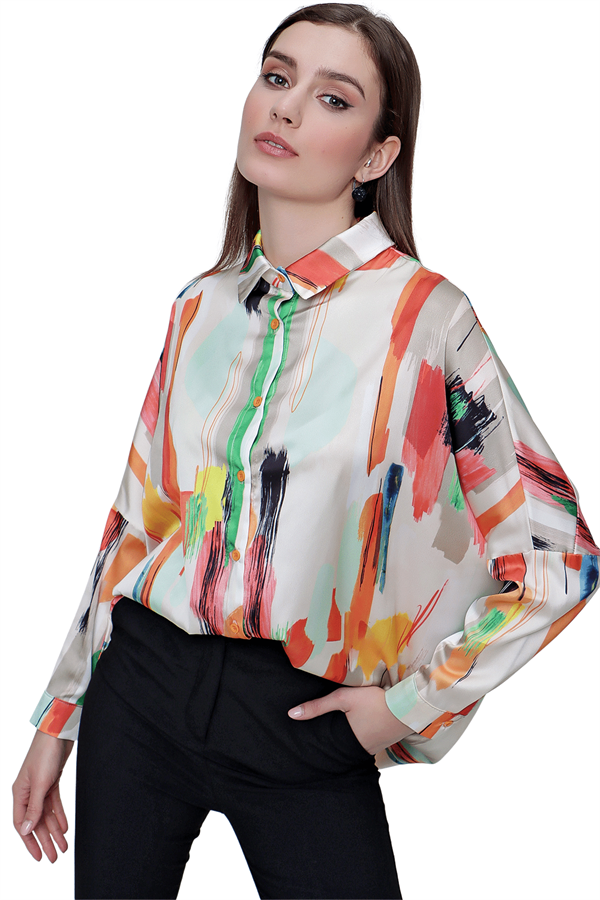 Kadın Bej Sulu Boya Desenli Saten Gömlek Tunik