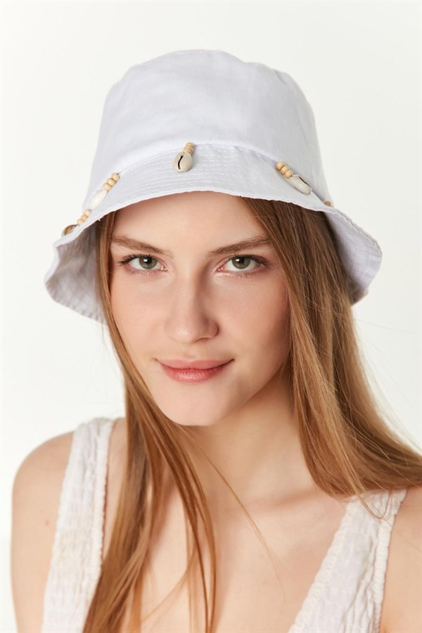 Kadın Beyaz Deniz Kabuğu Püsküllü Bucket Şapka