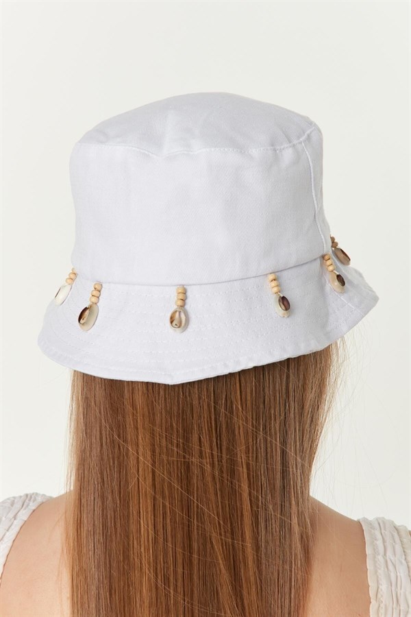 Kadın Beyaz Deniz Kabuğu Püsküllü Bucket Şapka