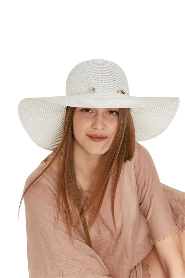Kadın Beyaz Deniz Kabuklu Geniş Plaj Şapkası