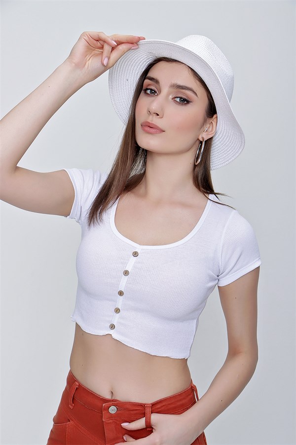 Kadın Beyaz Düğmeli Fitilli Crop Bluz