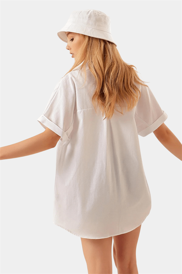 Kadın Beyaz Kısa Kollu Oversize Gömlek