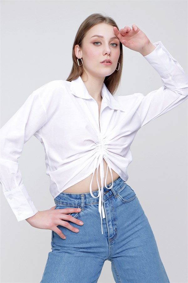 Kadın Beyaz Önü İp Büzgülü Gömlek Yaka Bluz