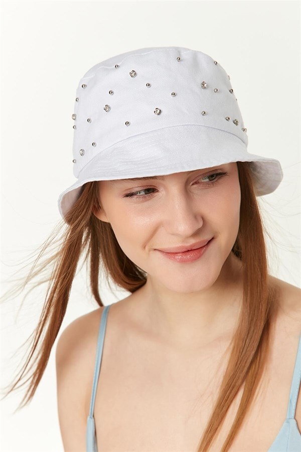 Kadın Beyaz Üzeri Taşlı Bucket Şapka