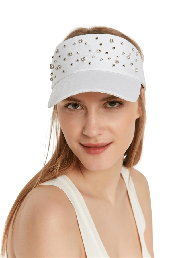 Kadın Beyaz Üzeri Taşlı Tenisçi Şapka