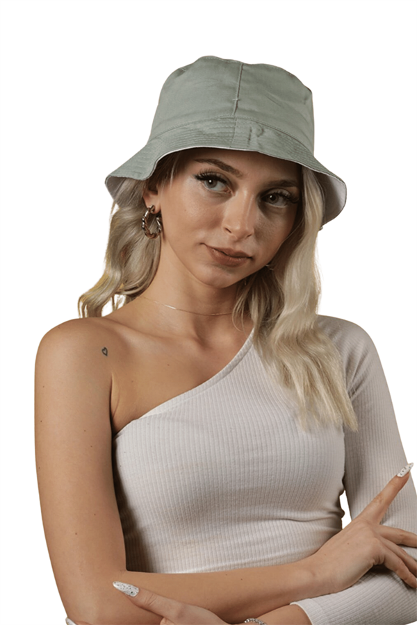 Kadın Beyaz Yeşil Çift Taraflı Bucket Şapka