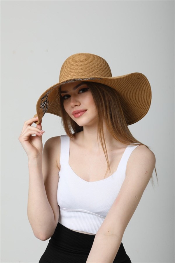 Kadın Camel Yazı İşlemeli Hasır Şapka