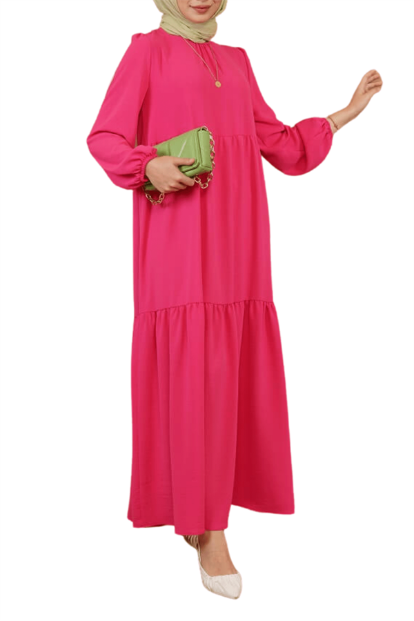 Kadın Fuşya Çift Pileli Boydan Elbise