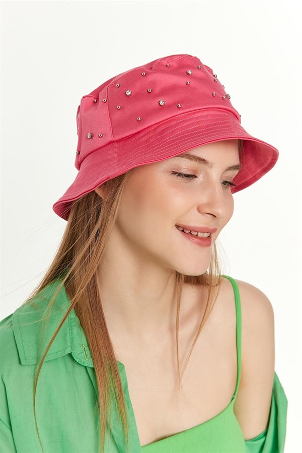 Kadın Fuşya Üzeri Taşlı Bucket Şapka