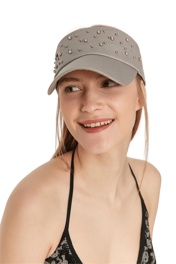 Kadın Gri Üzeri Taşlı Tenisçi Şapka