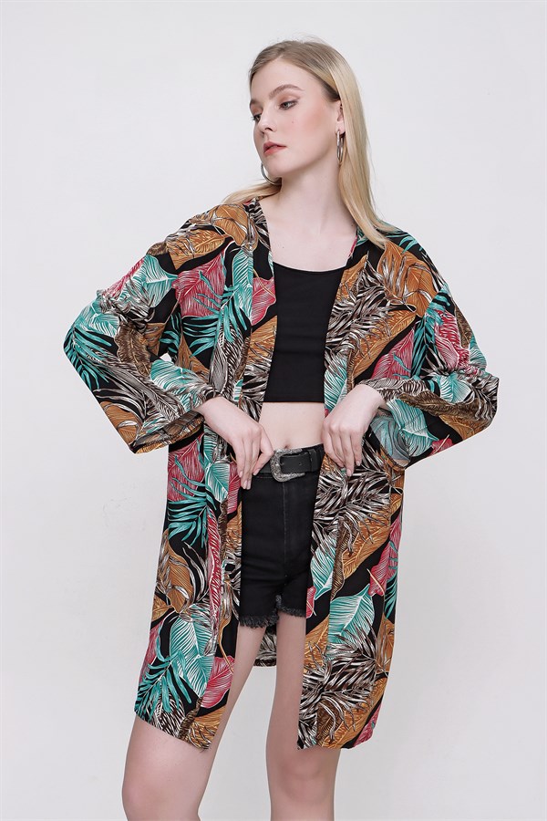 Kadın Hardal Desenli Kimono Ceket