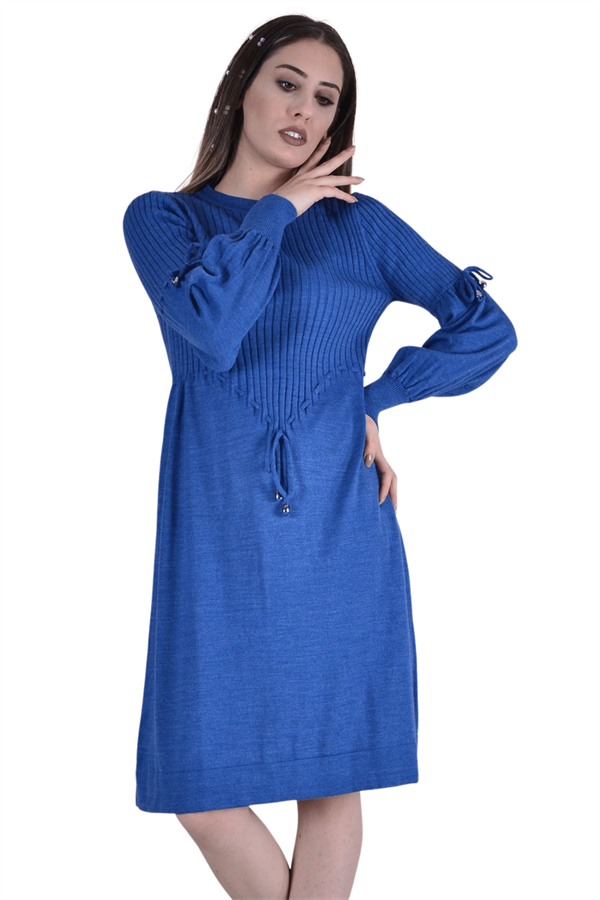 Kadın İndigo Beli Bağcıklı Fitilli Tunik Elbise  