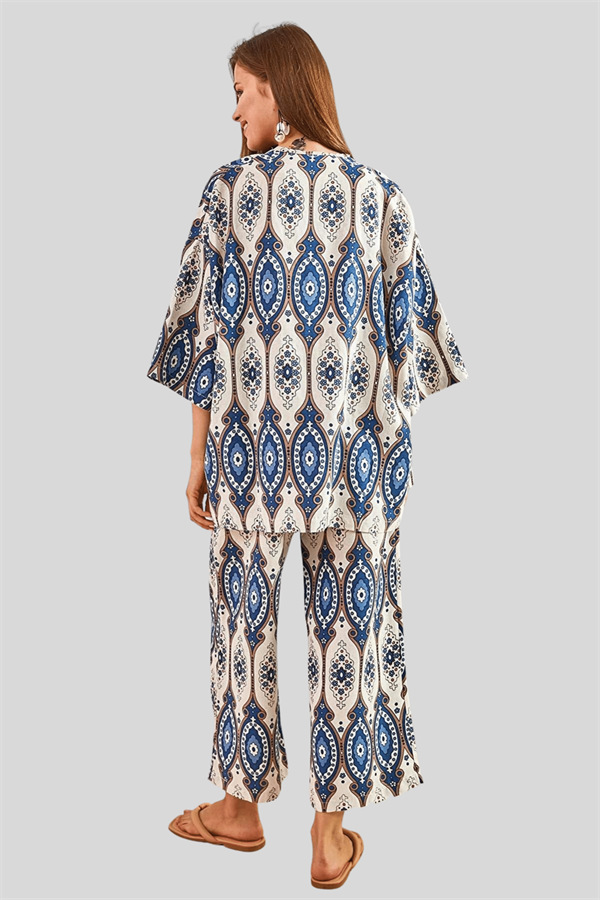 Kadın İndigo Etnik Desen Kimono Pantolon Takım