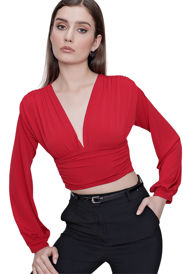 Kadın Kırmızı Balon Kol Omuz Büzgülü Crop Bluz