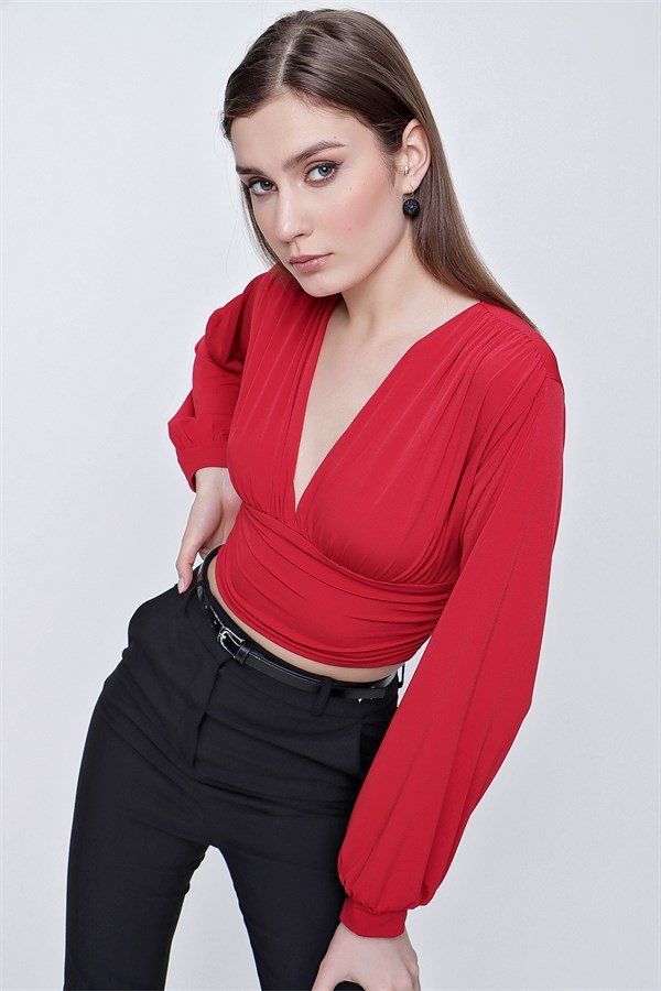 Kadın Kırmızı Balon Kol Omuz Büzgülü Crop Bluz