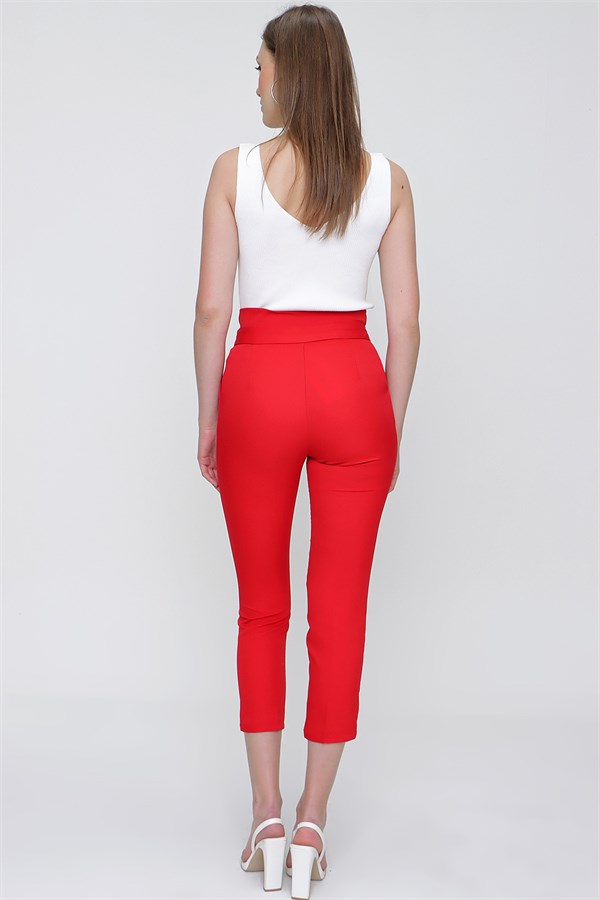 Kadın Kırmızı Çift Pileli Yüksek Bel Kumaş Pantolon