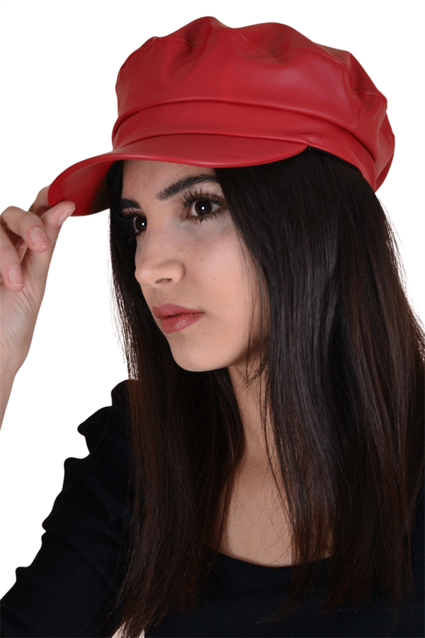 Kadın Kırmızı Deri Kasket Şapka