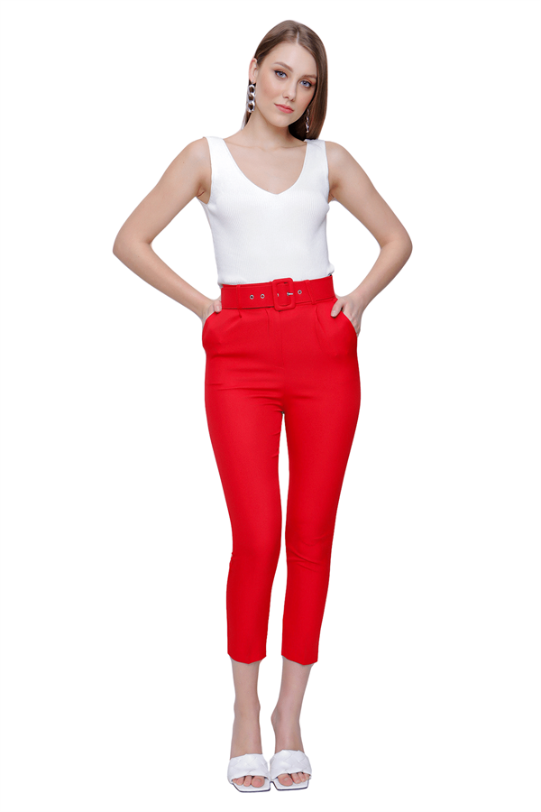 Kadın Kırmızı Kemerli Kumaş Pantolon