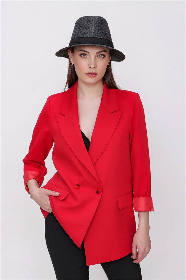 Kadın Kırmızı Kol Katlamalı Kruvaze Yaka Ceket