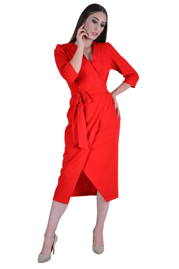 Kadın Kırmızı Kruvaze Yaka Önden Bağlama Elbise
