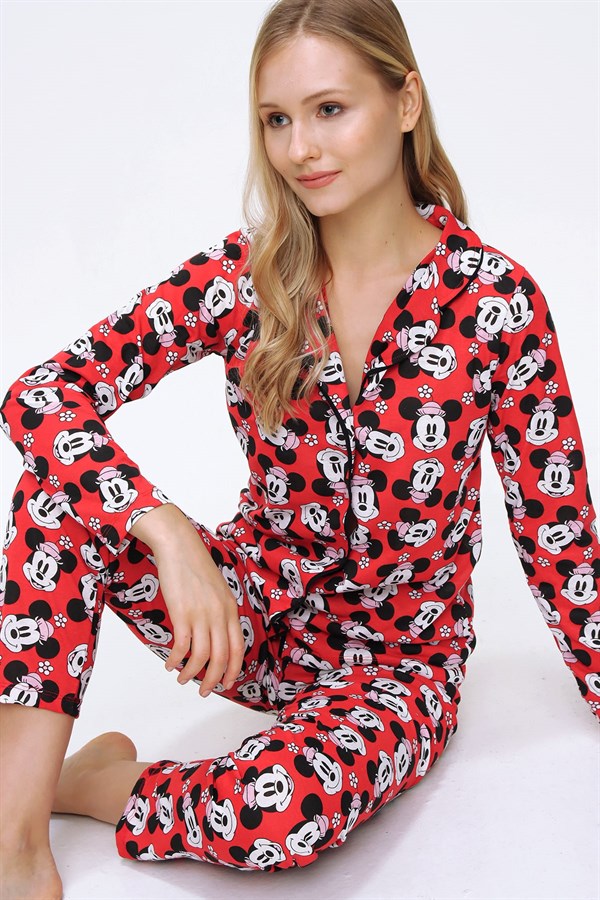 Kadın Kırmızı Mıckey Mouse Baskılı Pamuklu Pijama Takımı